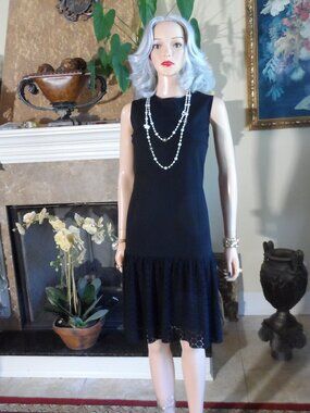 New Akris Punto Black Lace Hem Sleeveless Dress Size US 10